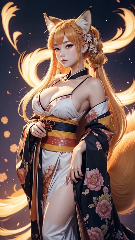 1 beautifull kitsune queen in a gorgeous japaness kimono,blonde hairs, french braid, hair hide ear, hime cut, very long hair, heart-shaped pupils, animal ears, fox ears,"long orange fox ears with black tips", covering ears, kemonomimi mode,tail emanating(9...