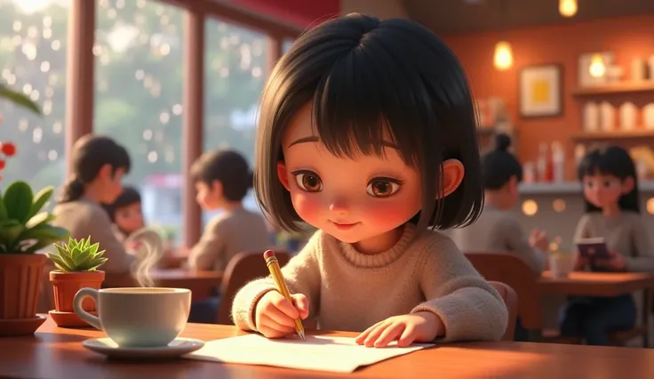  Letter writing moment in a 3D animation-style cafe

Xia Yu is sitting in the corner of a cafe，Wearing a sweater，Looking intently at the letter 。 Surrounded by a group of chatting customers and students holding books ， with a cup of steaming coffee on the ...