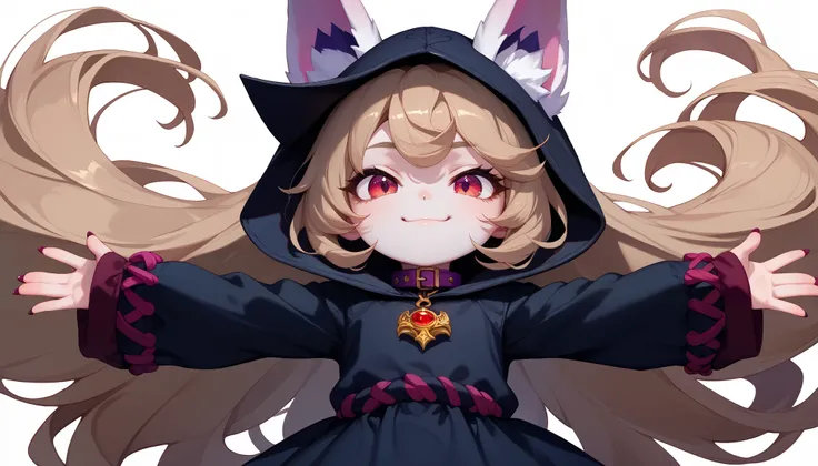 (masterpiece:1.3), (best quality:1.3), (very detailed), (anime style:0.1), game cg, anime coloring,((simple white background)),VexLoLXL,big eyes,yordle,shortstack,red eyes,((light brown hair,bangs,long hair)),shiny_skin,white_skin,white skin,black hood,hoo...