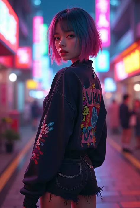  colorful bob cut punk girl,  smooth white skin ,  innocent expression , 20 years old,   Ultra High Resolution ,  super high resolution, ( photorealistic:1.4),  cyberpunk costume ,  torn shirt , ,  big smile when looking back,  neon lighting , Hongkong、 ni...