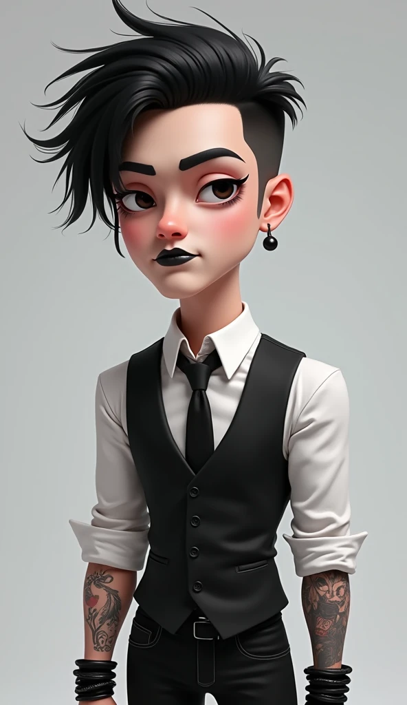 The image is a digital 3d ilustration cartoonish character portrait-style photo featuring a man with a striking, edgy appearance. The individual had short, jet black hair that was styled in a messy manner, complementing their pale skin tone. They wore dark...