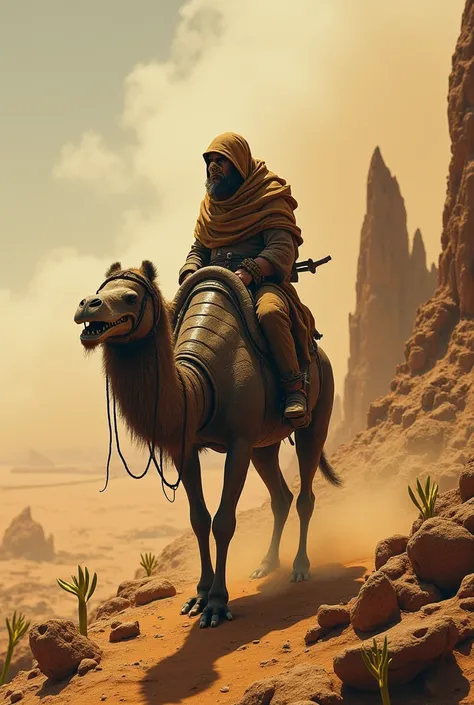 A rugged nomad wrapped in a cloak of stitched animal hides, their face partially obscured by a carved wooden mask. They are mounted on an extraordinary creature resembling a hybrid of a camel and a giant armadillo—its elongated neck, sturdy legs, and overl...