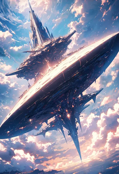 A very large spaceship floating in the sky, Magnificent, Very hopeful ,  grand and grandiose, 