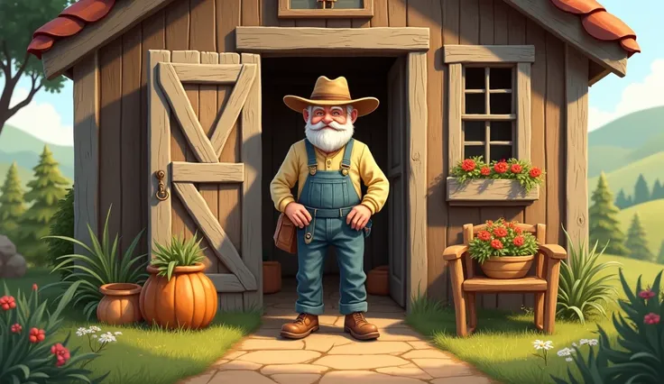   The cartoon farmer( a kind old man with a bushy beard,wearing hat ) standing in farmhouse 

