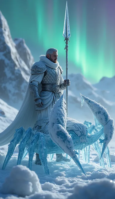 A hyper-realistic macro photograph of a stoic ice warden draped in frost-encrusted silver armor that sparkles like freshly fallen snow. His shield resembles a shard of glacier, while his spear gleams with icy blue light. He rides a translucent crystal scor...