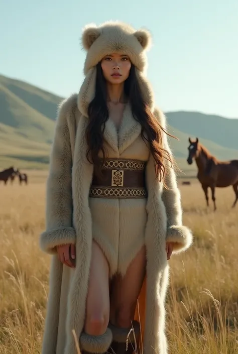 [Subject]: An ancient Mongolian woman dressed in tiny fur wraps around her chest allow beautiful breasts being revealed it shape, wearing a fur hat, and covering her lower body with tiny fur show off her slender white legs. She also wears fur boots.
[Envir...