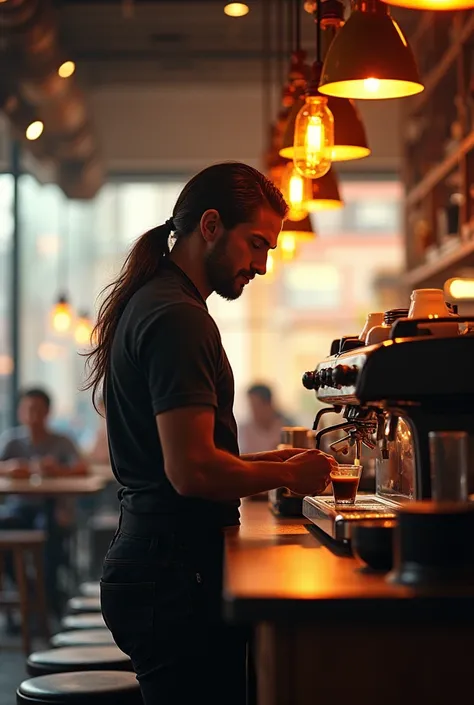 A coffee shop has energy and the barista is a man with long hair tied and standing at the power and sitting doing an espresso

