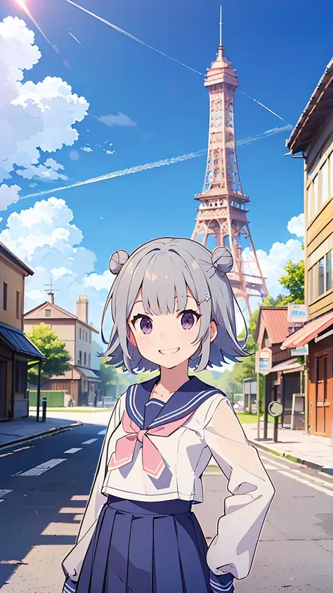 masterpiece,  best quality,  high definition ,  very detailed,(((Koharu Rikka))), (((Daytime))), ((( standing))), (((Daytime))), (((Around town))), (((blue sky))), (((Steel tower))), ((( sign))), ((( sailor suit ))), (((smile)))