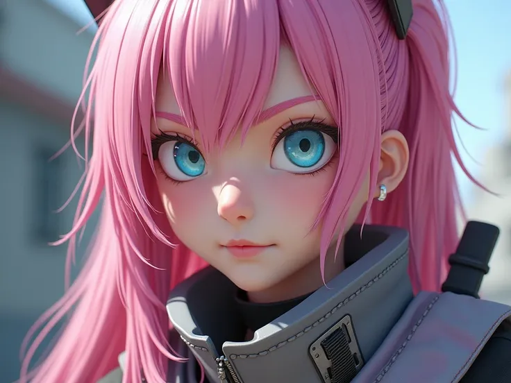 Close-up portrait of a young woman, stylized anime character, with pale skin and vibrant pink hair.  Intense, focused expression, light blue eyes, and a determined gaze.  Shes wearing a fashionably styled, practical jacket with a high collar and metallic c...