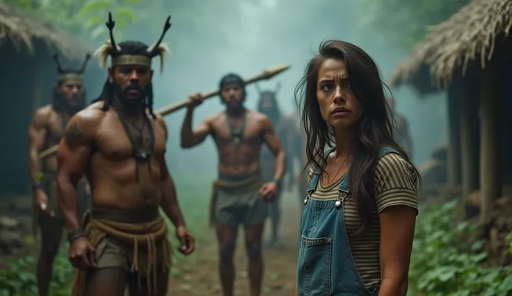 A dramatic film still captures an intense scene in a dense forest with smoke and fog creating a mysterious atmosphere. The focus is on a woman in the foreground, slightly to the right of center, with dark brown hair parted in the middle. She has a worried ...