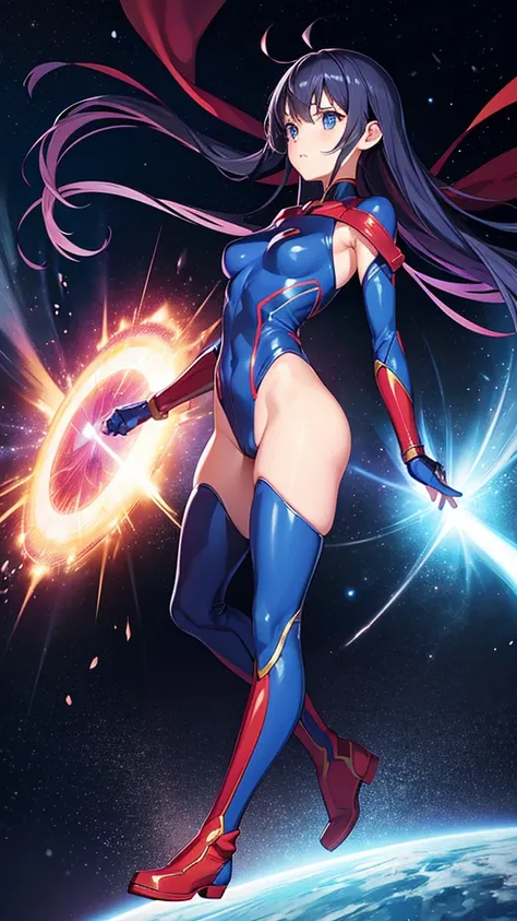  1 girl 、  superhero ,  leotard , blue and red ショートヘア、 leotard , Bare legs,  boots,  gloves,  flat chested,  beautiful detailed eyes, Shining Body,  light wrapping around her body , Light Particles,  cosmic background ,  standing posture , floating,,   ful...