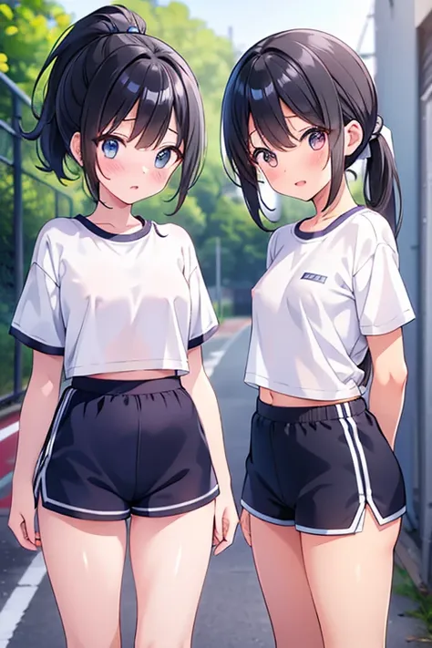 cute, 2 girls, , 6th elementary school students, black hair, ponytail, school track suit, White short-sleeved T-shirt, Dark blue shorts, white knee-high socks, small bust, Embarrassed, blush, see-nipples, (((shiny skin))), Back Alley