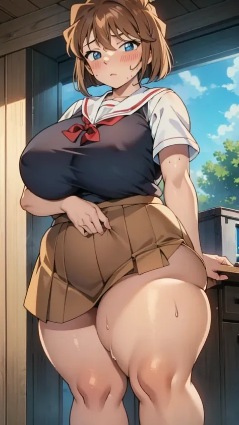 ,Light brown hair,blue eyes,short hair, gigantic breasts,Blushed,Curvy Girls((From behind)),Alluring expression, Sweaty skin,vapor,open the thighs, super mini skirt, POV from front, looking viewer, super short sailor uniform, standing