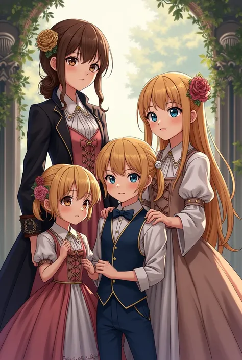 Make in an anime or manhwa style four . They are wearing Victorian/middle edge clothes. 3 girls and ones boy. They are older sister has brown hair and light brown eyes, the middle are twins, one boy and a girl, their hair are blond and have light blue eyes...