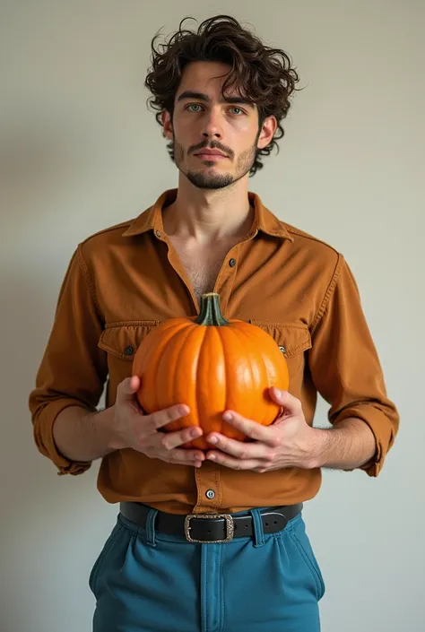  Guy has a little curly brown hair has blue eyes, black eyebrows , has on him a pumpkin ,  blue pants ,  183cm tall and 95kg