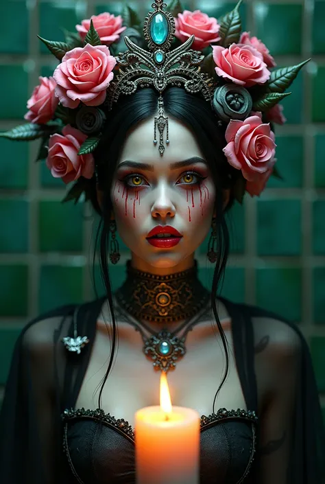 Limage représente une figure féminine au style fantastique et gothique. Elle porte un diadème élaboré orné de roses roses et dun grand bijou central. Son maquillage est dramatique, avec des yeux jaunes et un rouge à lèvres rouge vif. Des motifs floraux et ...