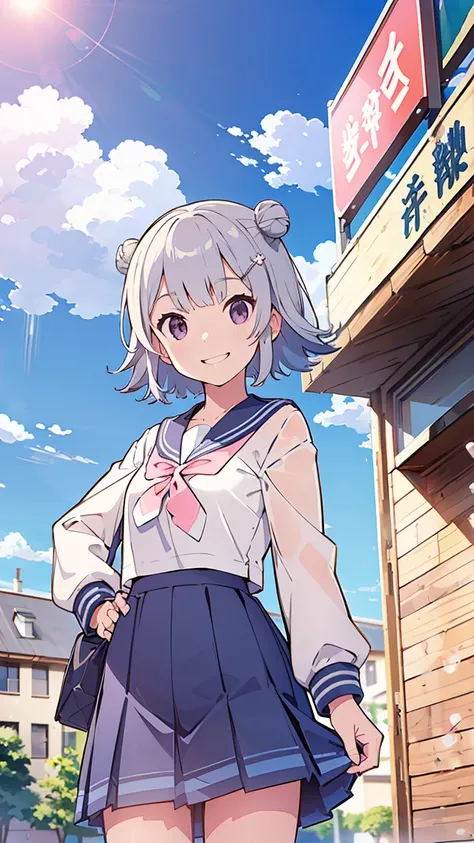 masterpiece,  best quality,  high definition ,  very detailed,(((Koharu Rikka))), (((Daytime))), ((( standing))), (((Daytime))), (((Around town))), (((blue sky))), (((In front of the store))), ((( sign))), ((( sailor suit ))), (((smile)))