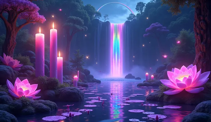 three giant precious fluorescent pink roses, 7 purple water lilies on the water, 7 large violet candles,  in a forest ,  at night,  the sun illuminates the entire forest ,,  a large waterfall of rainbow-colored water,  symbol om on stones above the ground ...