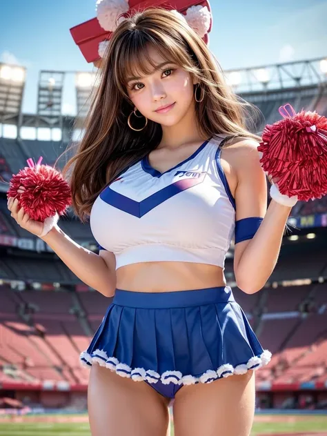 masterpiece, Highest quality, Very detailed, High resolution, (Realistic, photoRealistic:1.37), Excellent anatomy, One beautiful woman, 18-year-old, Height: 152cm, Cheerleader, (Holding a pom-pom in both hands:1.5), A small smile, cheer leading, Blue Cheer...