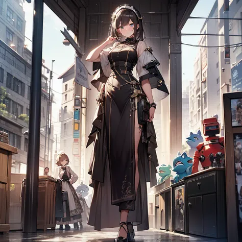 There are two robots standing in the street,  Detailed Steampunk Dress , Cinematic photos,  two women, Inspired by Jean Tabau,  3 women, Terminal, Murloc, Photo taken in 2008, John McCaig, Humanized, 5 0 0 pixel model,  promo photo , 1. Photographs from th...