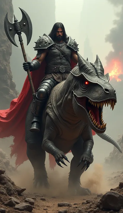 A fearless warrior clad in dark leather armor with a crimson cape, wielding a double-edged battle axe engraved with intricate symbols. They ride a terrifying Carnotaurus, its muscular frame covered in jagged scars, with metal plates bolted onto its thick s...