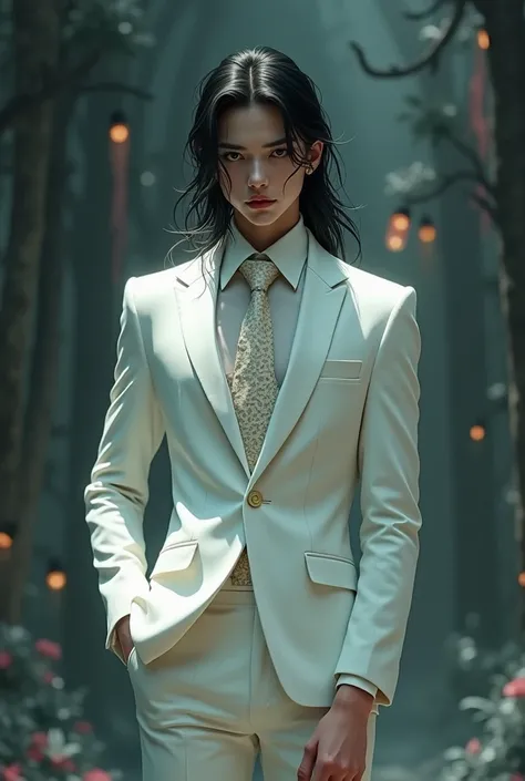 create an image in the style of "Hazbin", for example, a young man with long dark hair in a white suit.