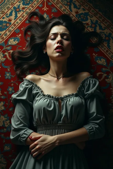 sad woman strangled lying on the Persian carpet 