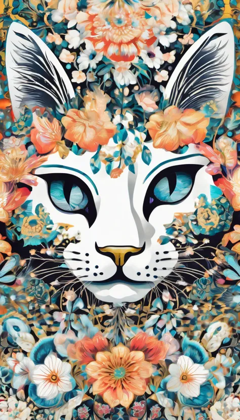 Best quality, masterpiece, ultra high res, (photo realistic:1.4), surrealism, dream-like, ((abstract art)), vector arts ((((white background)))) (century cats illustration) a close up of a cat face pattern with  flowers, an ultrafine detailed painting insp...