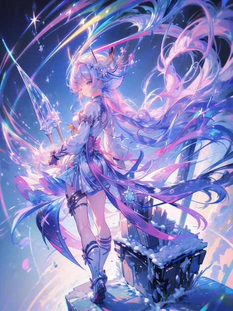 A highly detailed, masterpiece, aerial photography, like an artwork, an anime girl holding ice and snow swords, her pink hair and long purple skirt are in harmony, Ayaka Genshin gazing into the distance, leading to the world of Genshin, full body shot, eye...