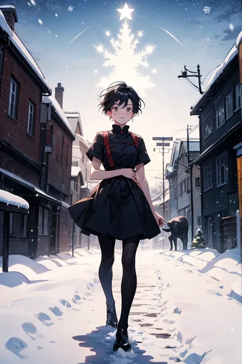 A cute Kiki from "Kikis Delivery Service" in the style of Hayao Miyazaki, Standing in front of a giant black cat，standing in front of a huge black cat. Full-body shot, Christmas background, There are lots of snow and Christmas elements around，Anime style