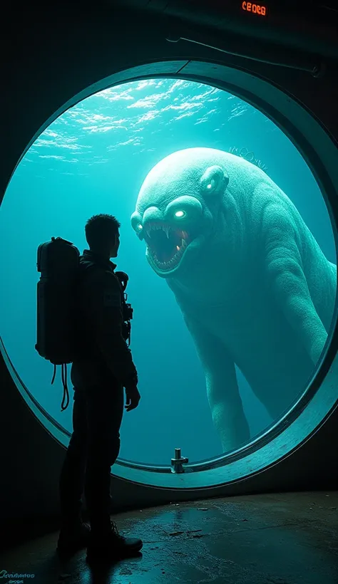 A biologist inside a futuristic deep-sea submersible, peering out at a massive, glowing creature with cosmic eyes