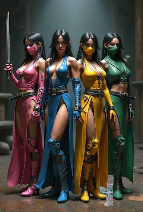 Create an image of 4 realistic female Ninjas of mortal kombat fighting game; including Mileena the pink female Ninja grabbing her Si, Kitana the blue outfit female Ninja grabbing her two fans, Tanya the  yellow outfit ninja, Jade the Green outfit Ninja wit...