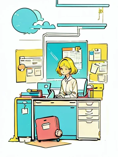 Vector illustration of urban beauty working in office，Featuring smooth lines and soft, warm colors on a white background。The scene should capture the essence of a modern and stylish office environment，Focus on the figure of a stylish woman at the desk。The ...