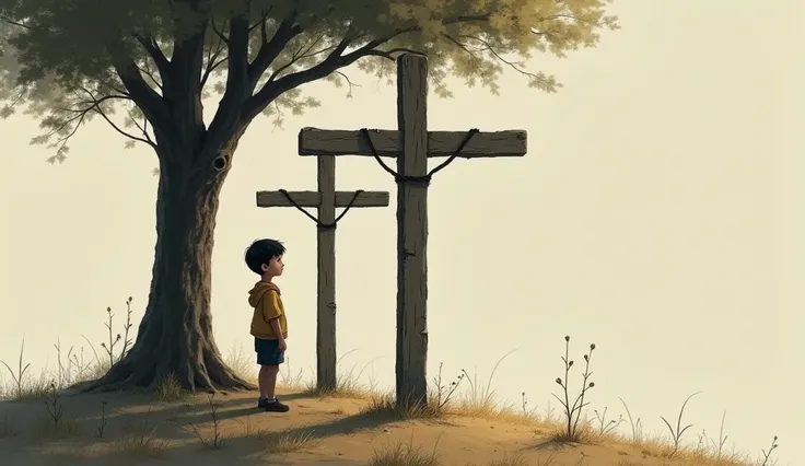  A boy stands in front of two crosses. The cross stands in front of a tree 