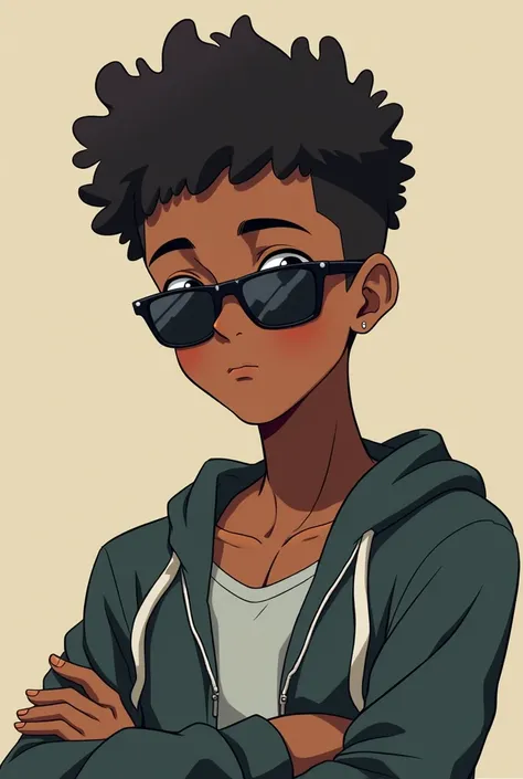 Create an anime version image of A 20-Year-Old Black Boy from the anime Chainsaw Man 
Have him face to face in a relaxed pose and with small black sunglasses.
