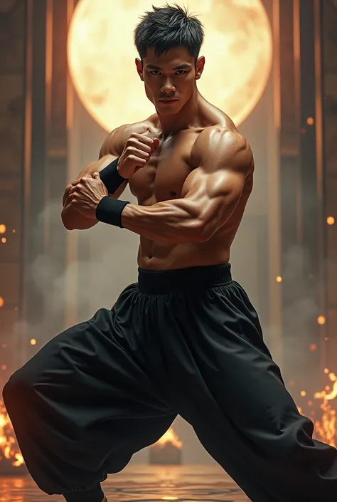 Masterpiece, UHD, 4k, realistic,  male, a prominent martial artist, epic picture, muscular lean body, fighting pose, standing, full body till feets,  handsome face, wearing black pants, short_hair
