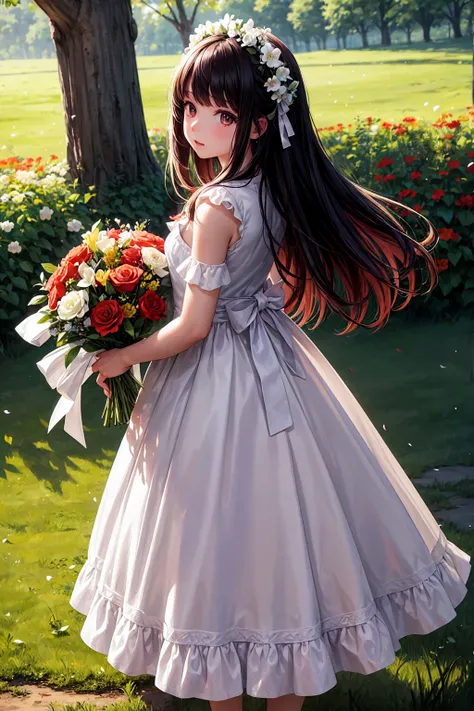 There is a  wearing a red and white dress and holding a bouquet of flowers.,  Girl in Flowers, Im picking flowers , Holding flowers, Picking flowers, Girl standing in a flower field, Girl standing in a flower field,  flowers blooming on the heirs cheeks, G...