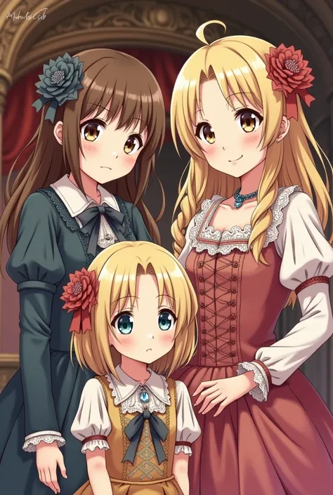 Make in an anime or manhwa style four . They are wearing Victorian/middle edge clothes. 3 girls and ones boy. The older sister is  and has brown hair and light brown eyes, the middle siblings are twins of , a boy and a girl, their hair are blond and have l...