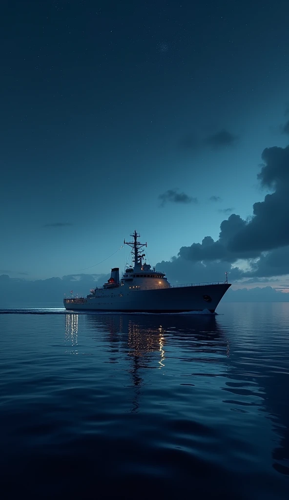 The research vessel returning under a calm sea, glowing stars reflecting on the water, the storm behind them