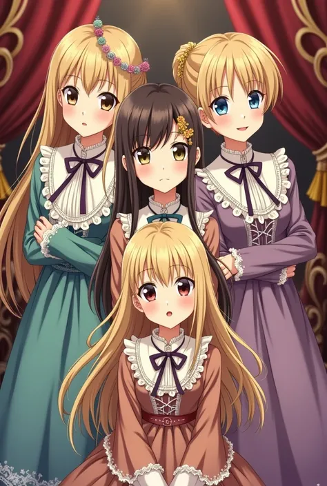 Make in an anime or manhwa style four . They are wearing Victorian/middle edge clothes. 3 girls and ones boy. The older sister is  and has brown hair and light brown eyes, the middle siblings are twins of , a boy and a girl, their hair are blond and have l...