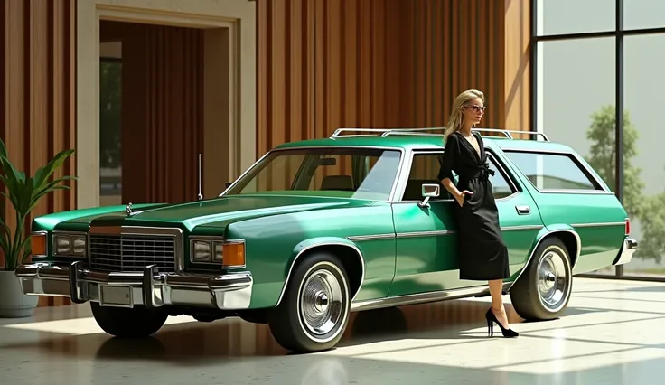 Here is the image of a green 1977 Ford Country Squire station wagon in a vintage showroom setting, with a stylish woman standing beside it. Let me know if youd like further adjustments!
