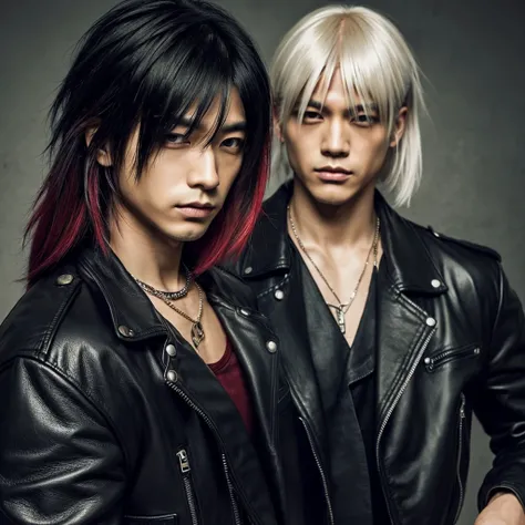 1 man, Japanese man, 30 years old, hairstyle Visual Kei, hair color blonde, muscular, broad shoulders, ultra detailed face and eyes, Asian eyes, pretty face, realistic representation, outfit , wearing black leather biker jacket and black jeans, long hair, ...