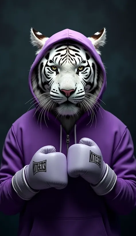 Very realistic close-up portrait, half body photo of White Tiger wearing a purple hoodie, holding boxing gloves, very realistic photo with a dark background