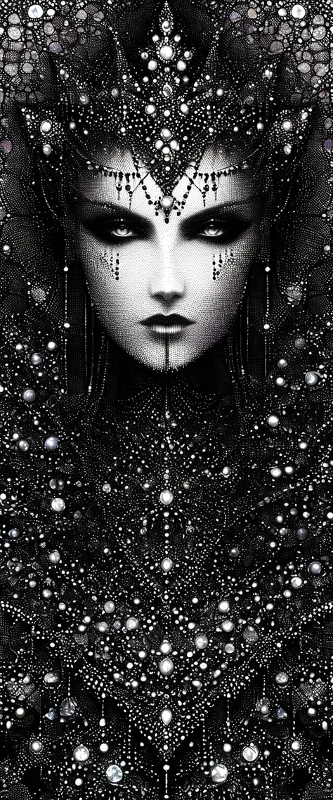 gothic aesthetics, Portrait of the Gothic queen, The art of drawing dots, Small dots, Dot shadows, small strokes, filling with fractals, High detail, High resolution, play of colors and shadows, Gothic palette, Gothic fractal background, High resolution 32...