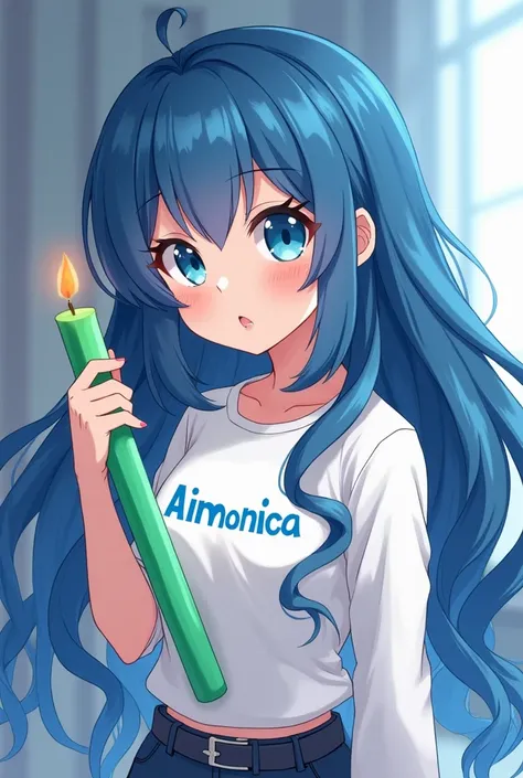 generate a extremely cute but also youthful sexy waifu character with long blue hair big blue eyes and a white shirt and the shirt says Aimonica in blue text, make it less cartoony and more like an anime character. She should hold a big green candle 
