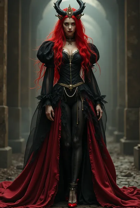  Long Red Burning Hair 、 red eyes、 Tattered Puff Sleeves 、Tattered Frills 、 Tattered Black and Red Dress 、 Ragged Lace 、 Black Gloves 、 A Crown and a Ring of Fallen Angels on the Head、 Gold Rusty High Heels 、 Pearl Necklace 、Tattered Frills 、Going wild、Dan...