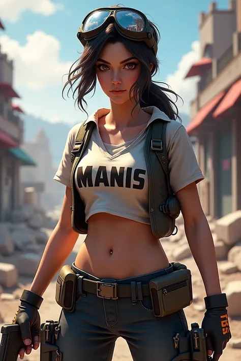 A female character as a free fire game player, the name Manis is written on her shirt 