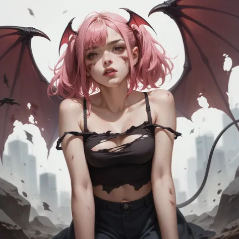 A Japanese woman.  She has bruises all over her body. Pink hair. Dirty body. Devils Wings. Torn camisole.