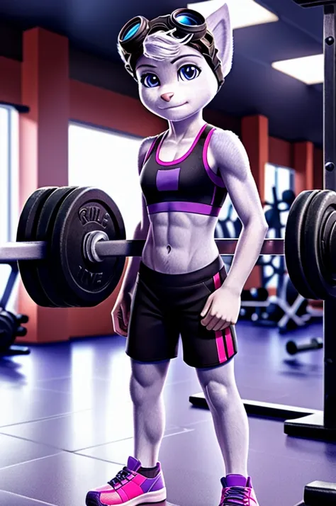 Rivet, tail, furry girl, 1girl, solo, young, full body picture, (black shorts), (purple r sports bra), (pink shoes), inside a gym, standing, detailed body fur, detailed body, detailed eyes, detailed face, athletic, skinny, high quality, masterpiece, goggle...