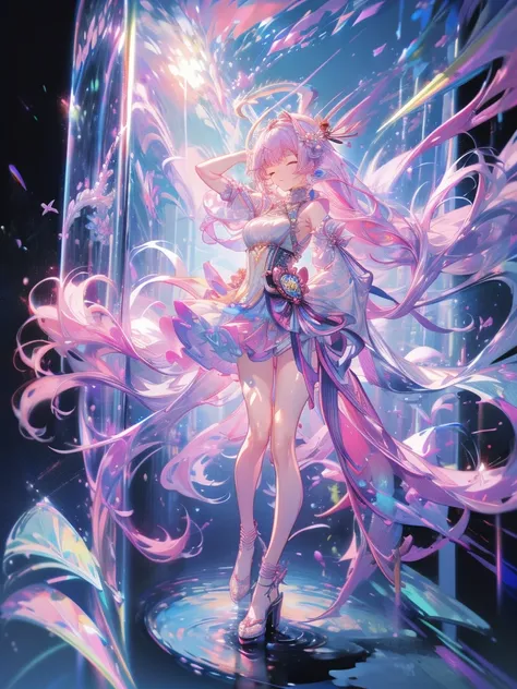 A highly detailed, masterpiece, aerial photography, like an artwork, her pink hair and see through long purple skirt are in harmony, Ayaka Genshin gazing into the distance, leading to the world of Genshin, full body shot, eyes closed